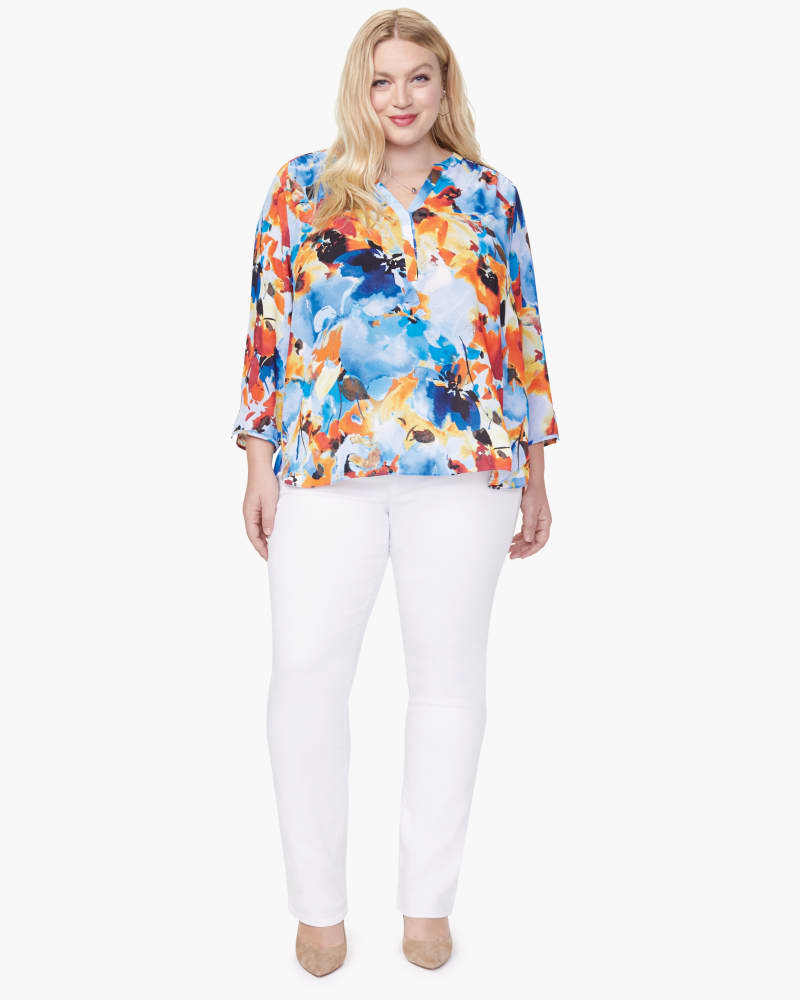 Front of a model wearing a size 1X Perfect Blouse in Orchid Jungle by NYDJ. | dia_product_style_image_id:166379